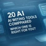 Modern tech-themed featured image showing abstract AI writing elements, floating text blocks, neural patterns, and digital UI components in a blue and teal futuristic design for the blog ‘20 AI Writing Tools Compared: Which One Is Right for You?’