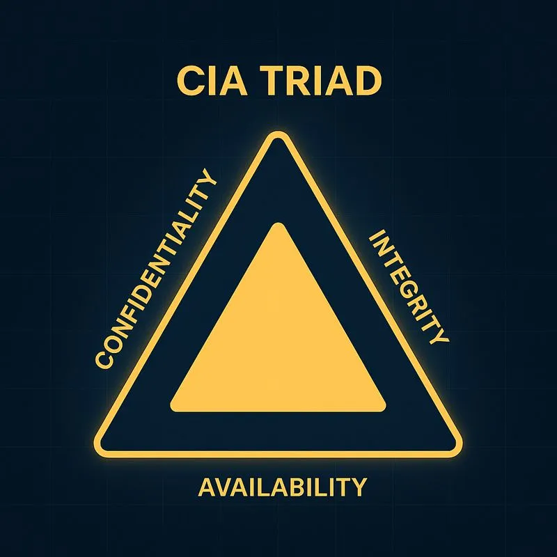 CIA Triad CIA Triad cybersecurity framework illustration showing a glowing triangle labeled Confidentiality, Integrity, and Availability on a dark blue digital grid background, representing the core principles of information security.