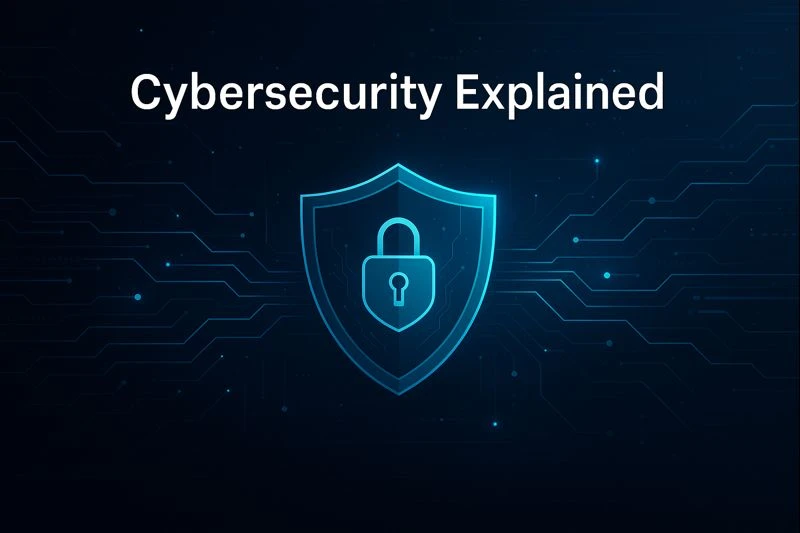 Cybersecurity featured image showing a glowing shield with a lock, surrounded by digital network lines and data circuits on a dark blue background, representing threats, protection, and best practices in cybersecurity.