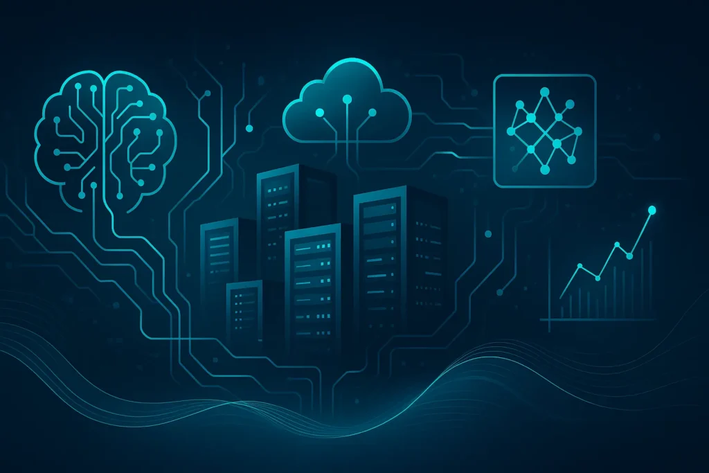 Futuristic digital illustration showing AI and machine learning transforming the IT industry, with connected servers, cloud infrastructure, neural network lines, data streams, and intelligent analytics elements in a modern blue tech environment