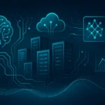 Futuristic digital illustration showing AI and machine learning transforming the IT industry, with connected servers, cloud infrastructure, neural network lines, data streams, and intelligent analytics elements in a modern blue tech environment