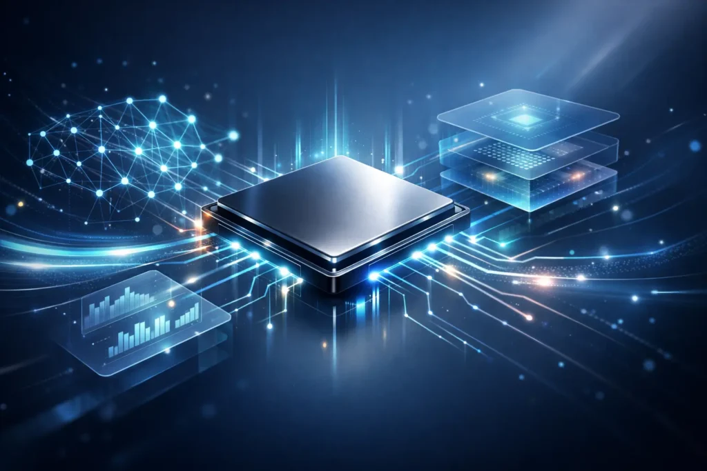 Futuristic digital illustration of computer chip architecture showing processing and performance