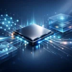 Futuristic digital illustration of computer chip architecture showing processing and performance