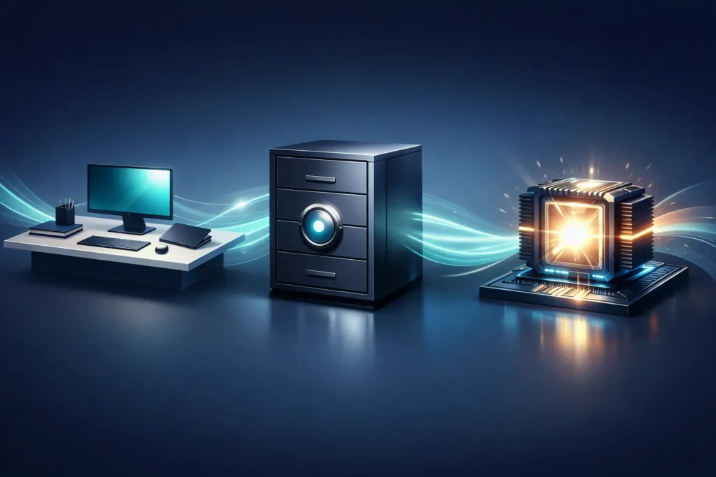 Illustration showing a pc, Storage Server, and a box displaying processing