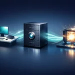 Illustration showing a pc, Storage Server, and a box displaying processing