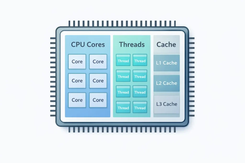 Illustration showing cpu structure that includes CPU Cores, Threads, Cache