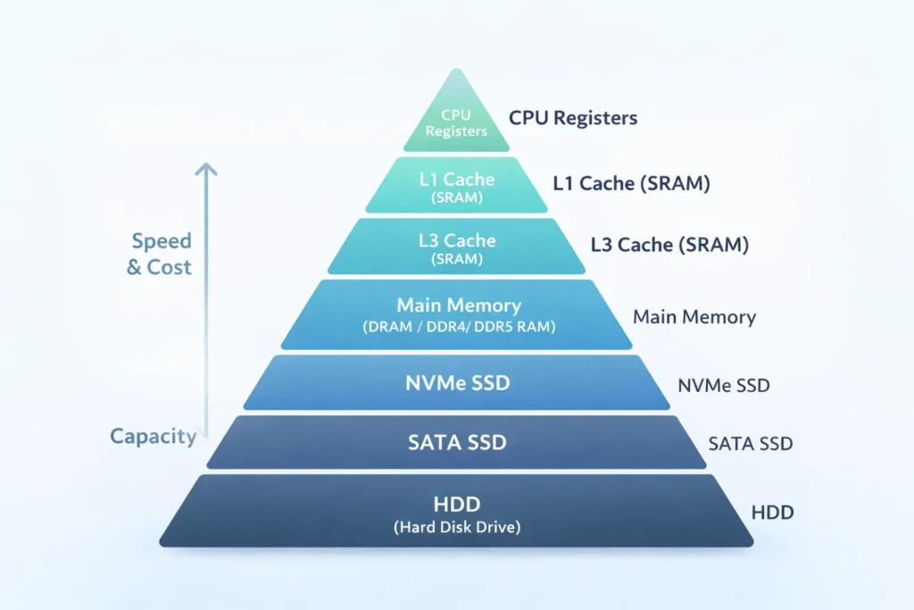 Illustration showing a hierarchy of computer memory and storage according to their speed, cost and capacity