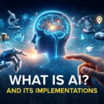 Futuristic illustration of artificial intelligence showing a human-robot interface and digital technology icons representing AI applications