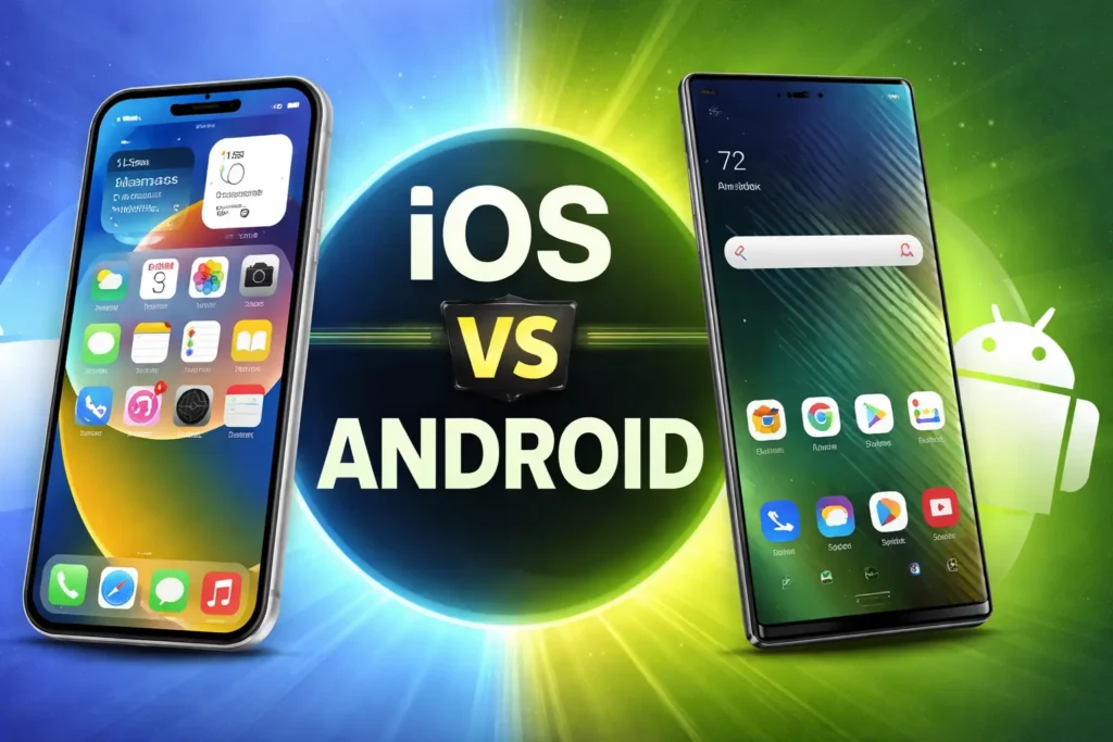 Featured image comparing iOS and Android smartphones, showing an iPhone and an Android phone side by side with contrasting blue and green backgrounds, representing the iOS vs Android debate.