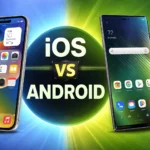 Featured image comparing iOS and Android smartphones, showing an iPhone and an Android phone side by side with contrasting blue and green backgrounds, representing the iOS vs Android debate.