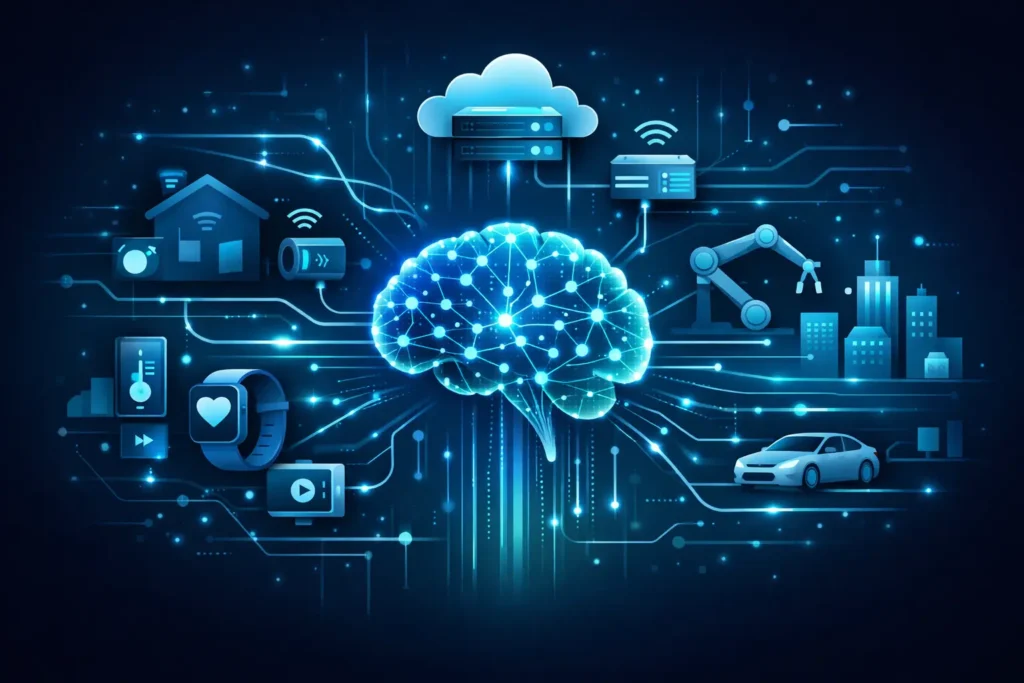 AI and IoT system architecture diagram showing sensors, cloud, edge, and AI processing
