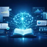 Modern digital illustration showing an AI-powered research assistant with a glowing notebook and abstract AI brain, connected to floating documents, charts, and notes in a futuristic workspace.