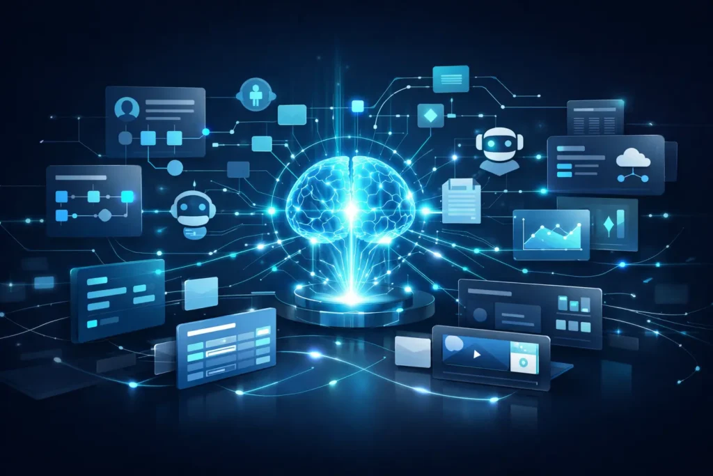 Modern digital illustration showing a glowing AI intelligence core assembling no-code app building blocks, with UI panels, flowcharts, dashboards, and data elements connected by neural network lines in a futuristic workspace.