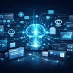 Modern digital illustration showing a glowing AI intelligence core assembling no-code app building blocks, with UI panels, flowcharts, dashboards, and data elements connected by neural network lines in a futuristic workspace.