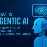 Digital illustration of a humanoid AI with a glowing brain icon, representing Agentic AI and autonomous intelligence, on a blue futuristic background.