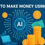 Illustration of an AI microchip surrounded by digital circuits, money icons, coins, and a laptop, representing how to make money using artificial intelligence.