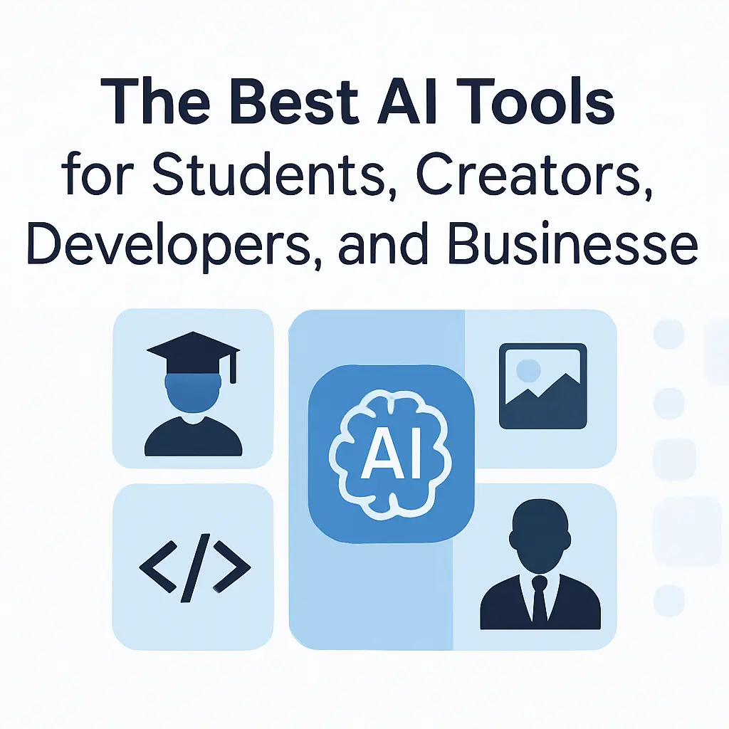 Clean modern tech-style graphic with the title ‘The Best AI Tools for Students, Creators, Developers, and Businesses,’ featuring icons representing a student, developer code symbol, AI brain, creator image icon, and business professional