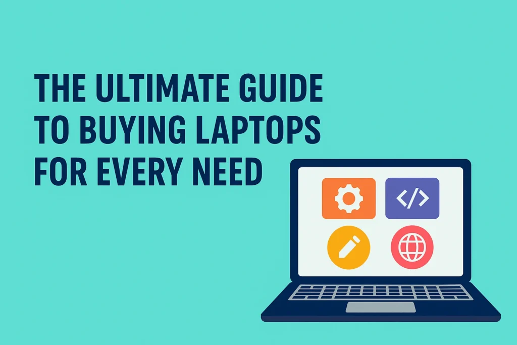 Featured image showing the title ‘The Ultimate Guide to Buying Laptops for Every Need’ alongside an illustrated laptop with colorful icons representing editing, coding, writing, and browsing, set on a clean turquoise background