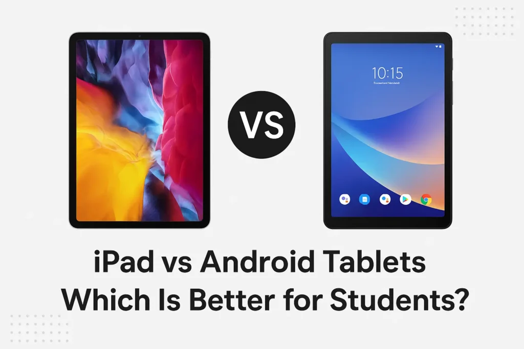 side-by-side comparison of an iPad and an Android tablet with a VS symbol in the center, illustrating the question ‘iPad vs Android Tablets: Which Is Better for Students?’ for a tech review blog