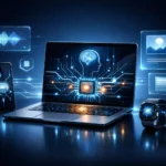 Modern illustration of a laptop, smartphone, and smartwatch with glowing neural circuits and NPU chips, symbolizing on-device AI processing without cloud dependence in a sleek, privacy-focused futuristic workspace.