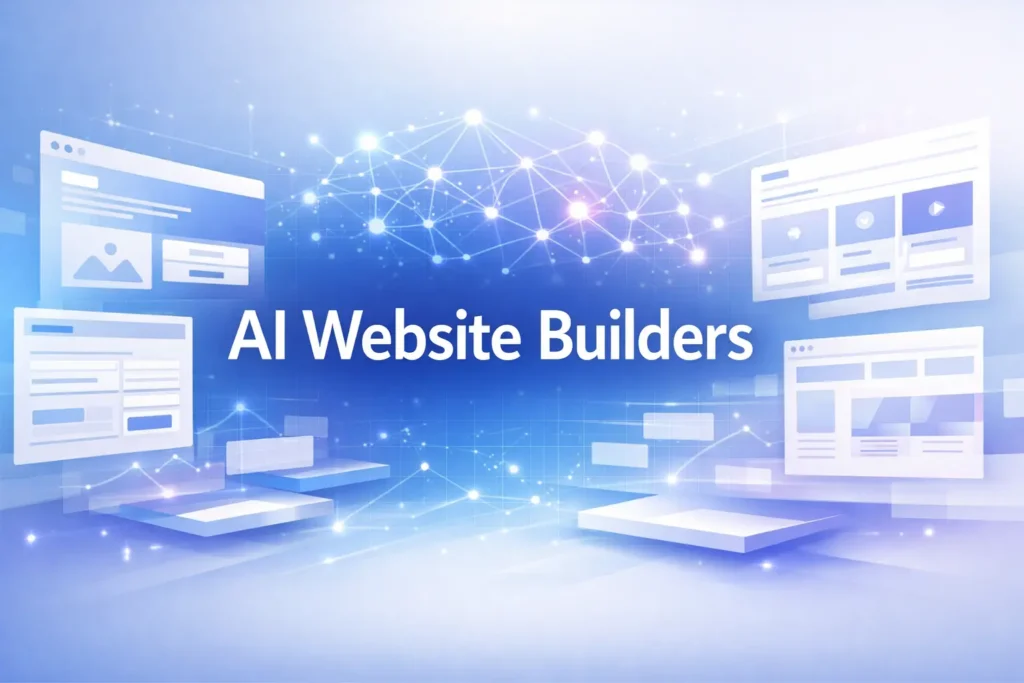 Modern featured image illustrating AI website builders with abstract website wireframes, neural network connections, and glowing data nodes in blue and purple tones.