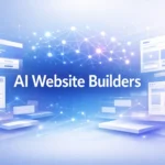 Modern featured image illustrating AI website builders with abstract website wireframes, neural network connections, and glowing data nodes in blue and purple tones.