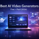 An illustration showing a laptop in centre along with a title on top saying Best AI video Generators Free + Paid (2026)