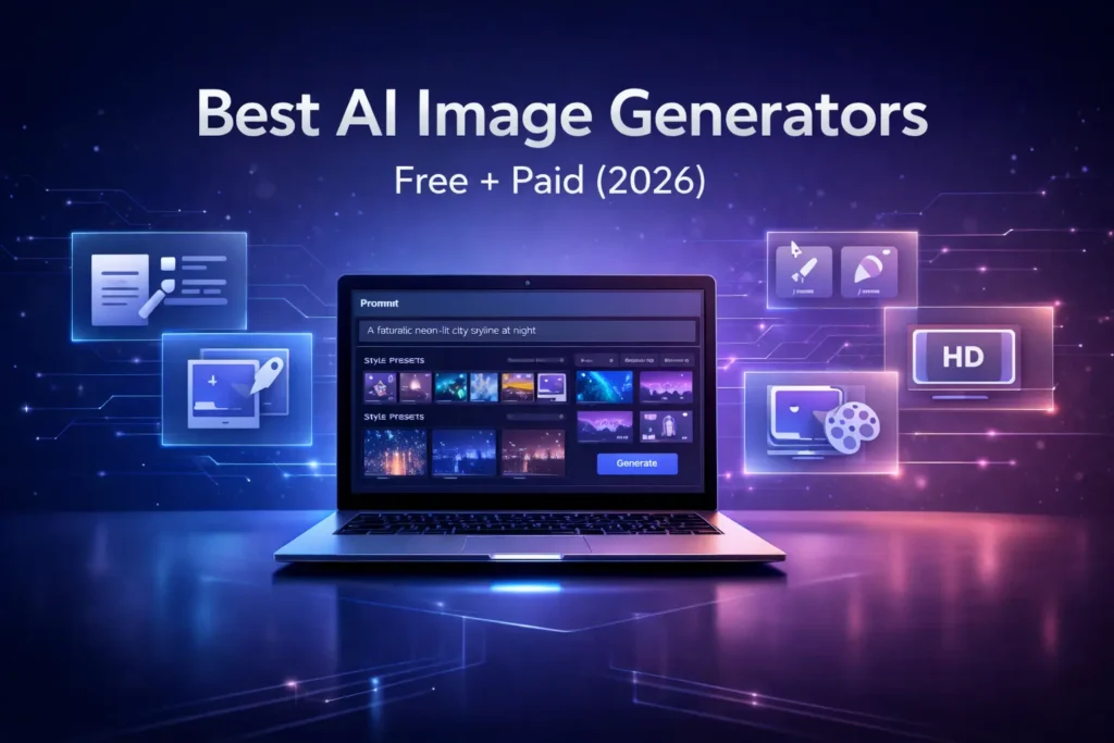 Modern featured image showing a futuristic laptop with an AI image generator dashboard, surrounded by glowing holographic panels for text-to-image, AI editing, style presets, and HD output, with the text “Best AI Image Generators” and “Free + Paid (2026)” on a blue-purple gradient background.