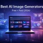 Modern featured image showing a futuristic laptop with an AI image generator dashboard, surrounded by glowing holographic panels for text-to-image, AI editing, style presets, and HD output, with the text “Best AI Image Generators” and “Free + Paid (2026)” on a blue-purple gradient background.