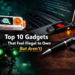 Cinematic featured image showing futuristic consumer gadgets that feel illegal but are legal to own, including a hacking-style device with a digital screen, a stealth USB gadget connected to a laptop, night vision goggles glowing green, and a spy pen camera on a dark desk with neon cyberpunk lighting