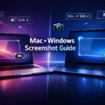 Split-screen tech graphic showing a MacBook on the left and a Windows laptop on the right with glowing screenshot selection boxes, shortcut keys (⌘ Shift 3, ⌘ Shift 4, Win + Shift + S, PrtScn), and the title “Mac + Windows Screenshot Guide” on a dark blue-purple gradient background.