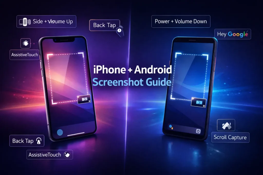 Split-screen featured image showing an iPhone on the left and an Android phone on the right with glowing screenshot selection overlays, floating shortcut labels (Side + Volume Up, Back Tap, AssistiveTouch, Power + Volume Down, Scroll Capture, Hey Google), and the title “iPhone + Android Screenshot Guide” on a dark purple-blue gradient background.