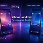 Split-screen featured image showing an iPhone on the left and an Android phone on the right with glowing screenshot selection overlays, floating shortcut labels (Side + Volume Up, Back Tap, AssistiveTouch, Power + Volume Down, Scroll Capture, Hey Google), and the title “iPhone + Android Screenshot Guide” on a dark purple-blue gradient background.