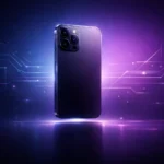 Futuristic smartphone silhouette floating on a dark navy-to-purple gradient background with glowing circuit lines and neon accents, in a clean premium tech teaser style.