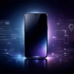 A futuristic iPhone silhouette glowing softly at the center against a dark navy-to-purple gradient background, with subtle abstract UI elements and glowing circuit lines representing the iOS 26.2.1 software update.